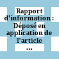 Rapport d'information : Déposé en application de l'article 145 du règlement par la commission de affaires étrangères /