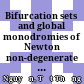 Bifurcation sets and global monodromies of Newton non-degenerate polynomials on algebraic sets
